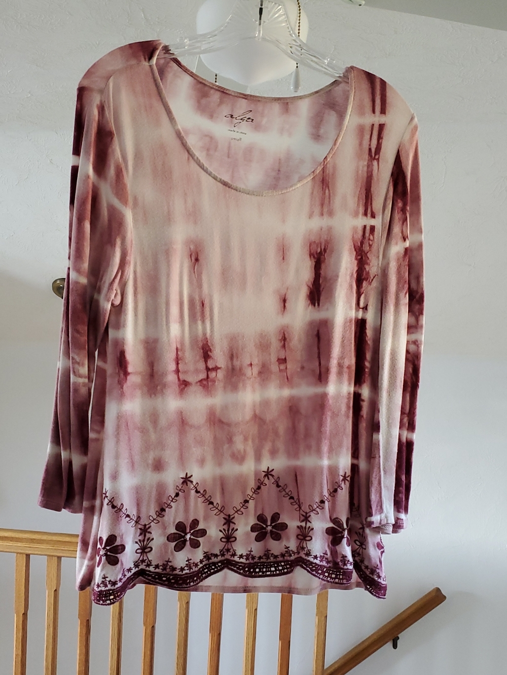 Ladies Floral Hem Tie-Dye Long Sleeve Top - Burgundy